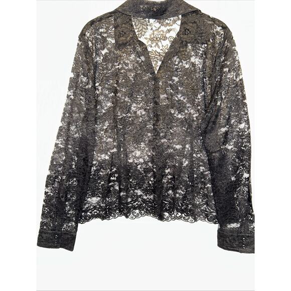 Ann Taylor LOFT Black Lace Petite Large Button-Up Shirt Fairy Grunge Goth Trendy - Picture 8 of 12